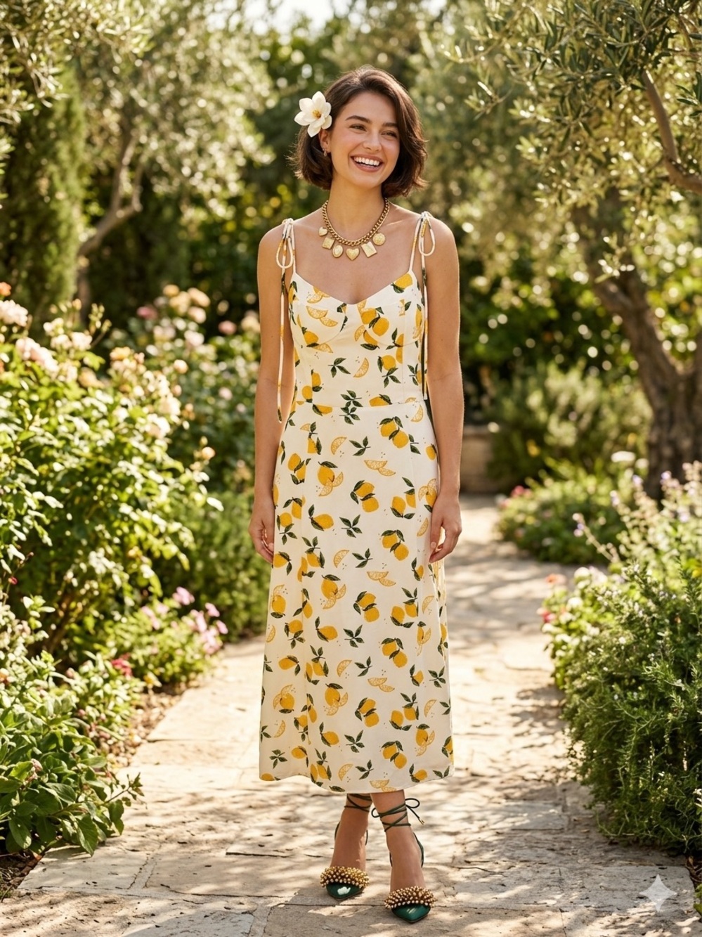 OMi+S Coquette Lemon Print Spaghetti Tie Strap Midi Dress Size M - Picture 2 of 9